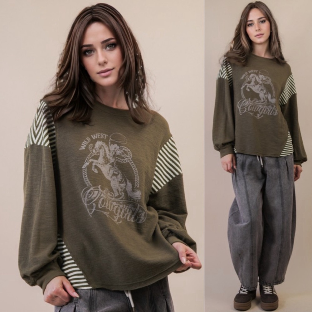 New! Olive Oversized Western Mixed Media Soft Top!